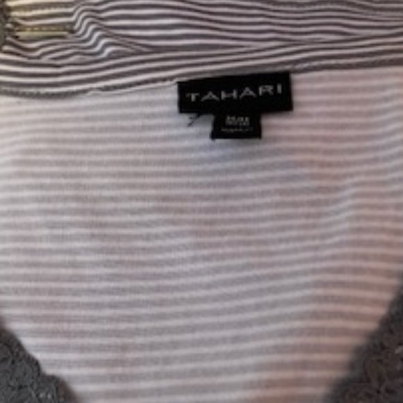 Tahari Nightshirt, greyand white tiny stripes, lace collar and side slits, Med. - Picture 7 of 7